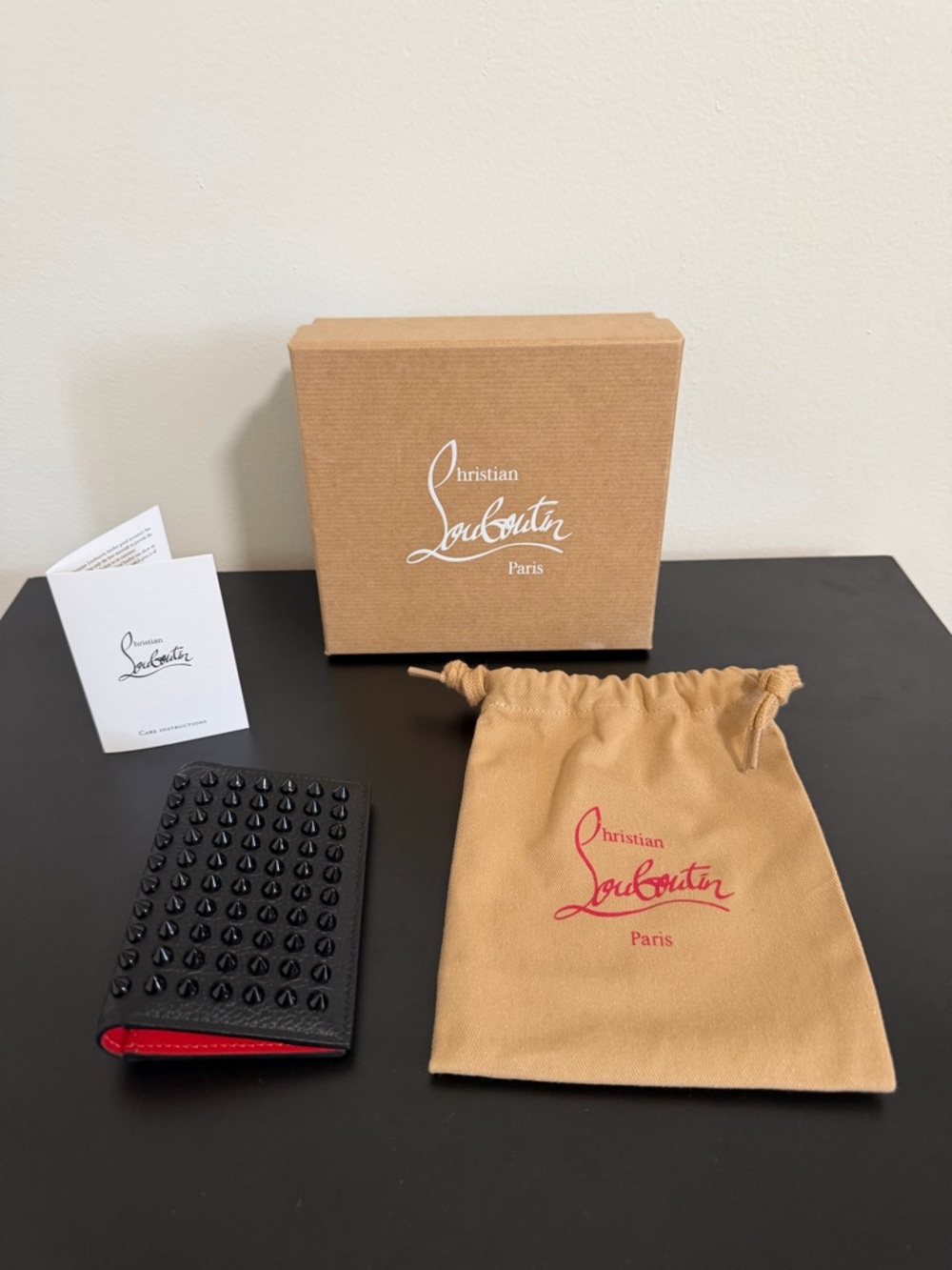 Christian Louboutin Black Studded Card Holder with Red Interior